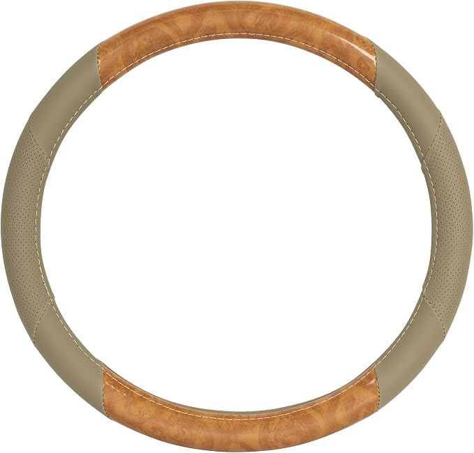 BDK BurlwoodLux Wood Grain and PU Leather Beige Steering Wheel Cover - Sport Grip for Car Auto SUV Trucks