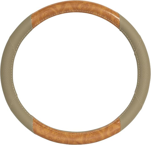 BDK BurlwoodLux Wood Grain and PU Leather Beige Steering Wheel Cover - Sport Grip for Car Auto SUV Trucks