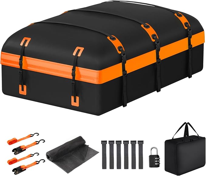 Car Rooftop Cargo Carrier Bag, 30 Cubic Feet Waterproof Soft-Shell Car Roof Bag for All Vehicle with/Without Rack, Include Anti-Slip Mat, Reinforced Straps, Door Hooks Luggage Lock (Orange)