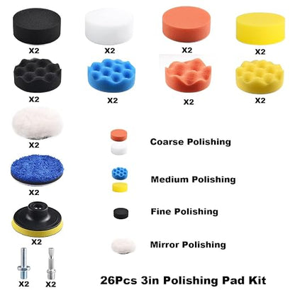 26 Pcs Car Foam Polishing Buffing Kit, 3 Inch Polishing Pad, Buffing Pads, Polishing Pad Kit, 3 Inch Buffing Pads