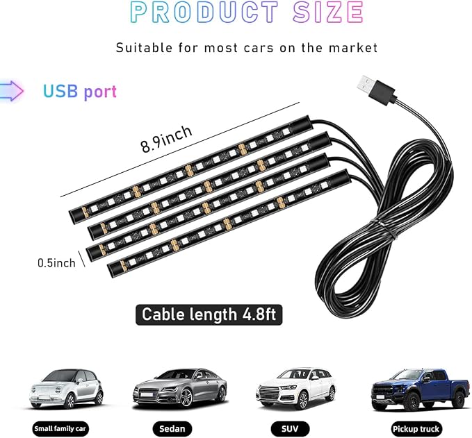 Ohleats Car LED Strip Light, 48 LED RGB Auto Interior Atmosphere Lights, Cigarette Lighter Under Dash Ambient Night Light, Interior Lamp Lighting Kit (White, USB)