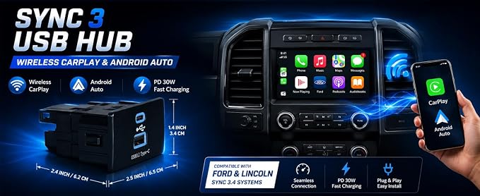 Wireless CarPlay Android Auto USB Hub for Ford Sync 3, Ice Blue | USB 3.1 Type-C, 30W PD Fast Charging，Wireless CarPlay and Android Auto USB Hub