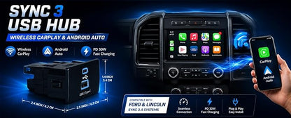 Wireless CarPlay Android Auto USB Hub for Ford Sync 3, Ice Blue | USB 3.1 Type-C, 30W PD Fast Charging，Wireless CarPlay and Android Auto USB Hub