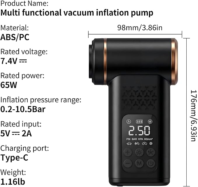 5-in-1 Portable Tire Inflator and Car Vacuum Cordless, 150PSI Smart Air Compressor with Auto Shut-Off, Powerful Suction Handheld Vacuum for Pet Hair, Blower Function, LED Light