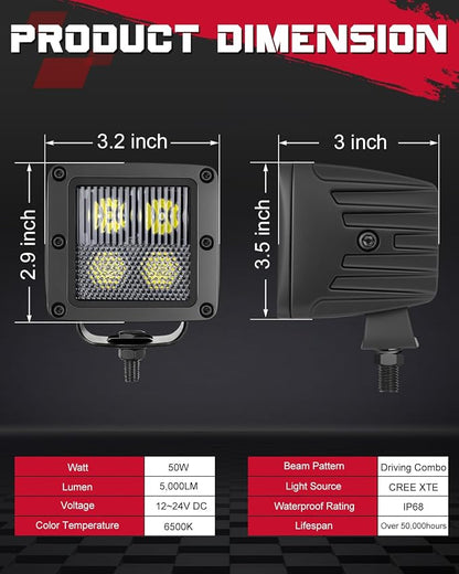 OFFROADTOWN LED Cubes, 3 Inch 80W CREE LED Pods Offroad Fog Lights Driving Ditch Backup Reverse Light for for Trucks UTV SUV ATV Motorcycle Pickup Boat - 2Pcs Driving Combo Beam