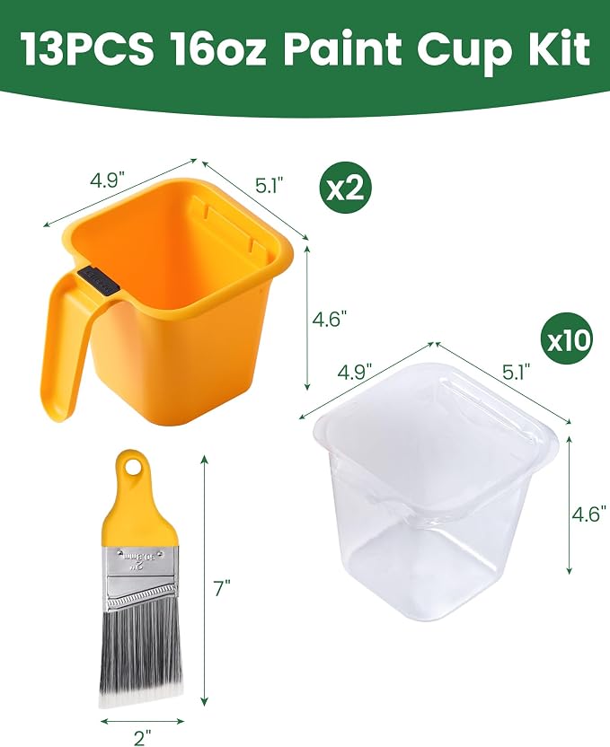 Voomey 13Pc Paint Cups for Painting, Small Paint Bucket Holds 16 oz. of Paint or Stain, Paint Cup, Paint Pail Liner, Brush, Trim Painting Tool, for Finishing Work and Repairs