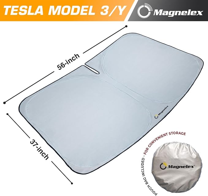 Magnelex Tesla Windshield Sun Shade (Model 3/Y), Reflective Polyester Blocks Heat & Sun, Foldable Car Window Sun Blocker, Mirror Cut-Out, Fade-Resistant Sunshade, Tesla 3 Accessories