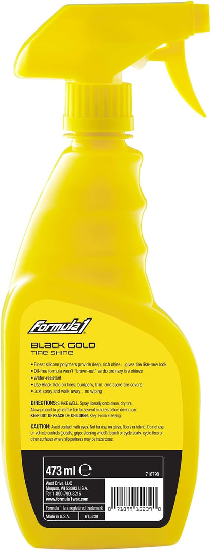 Formula 1 Black Gold, Long-Lasting Tire Shine Restores Glossy Black Color to Rubber and Plastic Trim, Water Resistant with UV Protection, 16 oz
