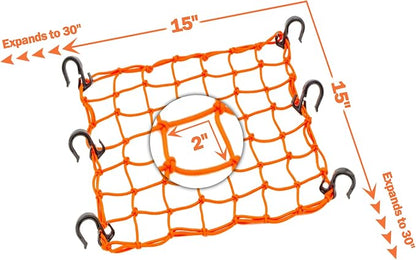 Cargo Net 15"x15" Stretches to 30"x30" with Thicken Hooks | Natural Latex Core, Tight 2”x2” Mesh Small Heavy Duty Bungee Net for Motorcycle Helmet, Bike, ATV, UTV, Luggage (Orange, 2 Pack)