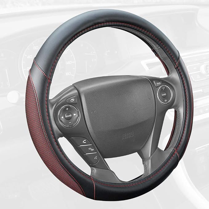 Motor Trend Wine Steering Wheel Cover - Dotted Comfort Polyester Grip on Stitched Synthetic Leather, Wine Stitching/Black