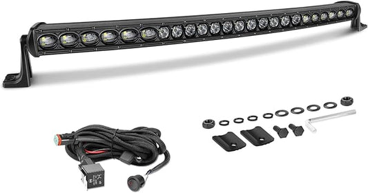30 Inch Curved Light Bar 168W OSRAM LED Slim Single Row Light Kit w/Wiring Harness Spot Flood Combo Offroad Driving Lights Curve LED Bar for Trucks Pickup SUV UTV RZR Chevy GMC F250