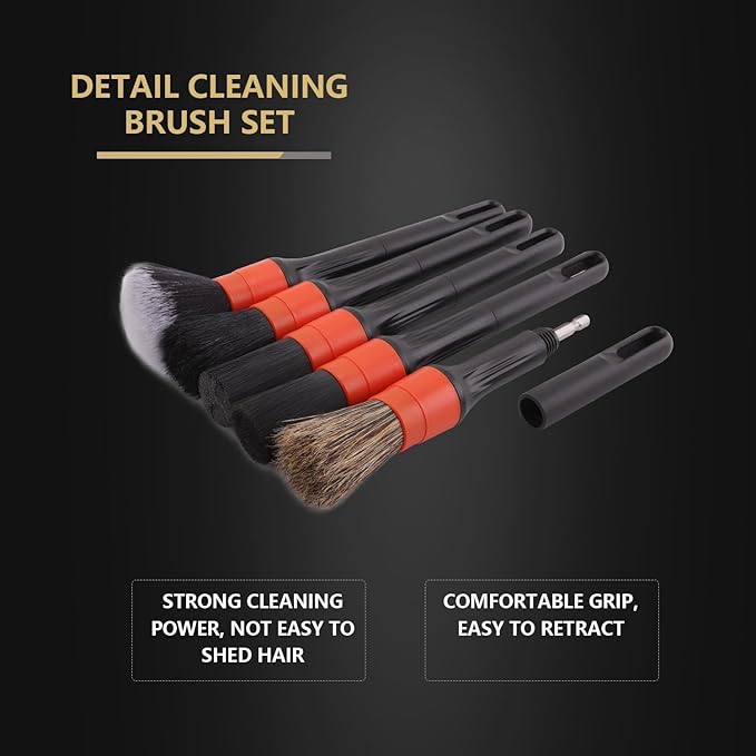 Car Drill Brush, Drill Brush Attachment SPTA 5Pcs Detachable Car Care Detailing Brush Set Soft No Scratch Boar Hair Detail Brush Car Care Detail Brush for Air Vent Automotive Interior Exterior -DF075