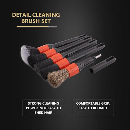 Car Drill Brush, Drill Brush Attachment SPTA 5Pcs Detachable Car Care Detailing Brush Set Soft No Scratch Boar Hair Detail Brush Car Care Detail Brush for Air Vent Automotive Interior Exterior -DF075