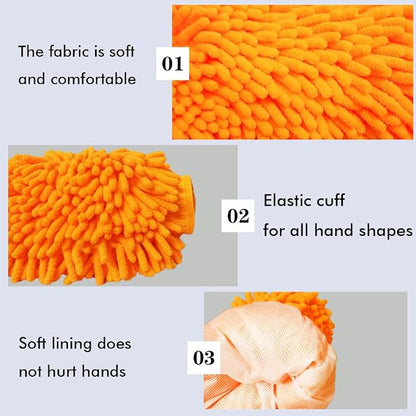Car Wash Mitt, Chenille Car Washing Glove, Microfiber Mitt Scratch Free, Double-Sided Thickened Gloves (Orange/Green,4P)