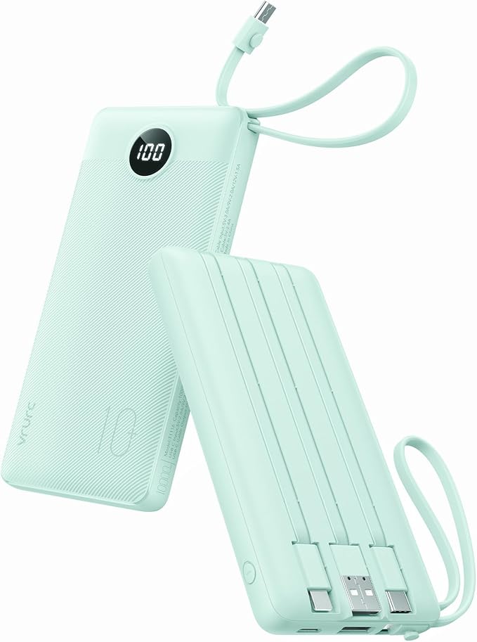 VRURC Portable Phone Charger for iPhone, 10000mAh Power Bank Built in Cables & Lanyard, Slim USB C Battery Bank 5 Outputs for Multi Devices,Travel Essential for College Students Teen Boys Girls-Green