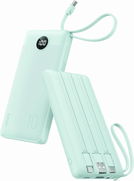 VRURC Portable Phone Charger for iPhone, 10000mAh Power Bank Built in Cables & Lanyard, Slim USB C Battery Bank 5 Outputs for Multi Devices,Travel Essential for College Students Teen Boys Girls-Green