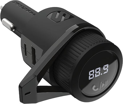 Scosche BTFM9 FM Bluetooth Transmitter Car, Dual 12W USB-C and USB-A Charging Ports, Fast Type C Car Charger, Wireless Radio Bluetooth Adapter, Hands-Free Kit for Calls, Siri and Google Assistant
