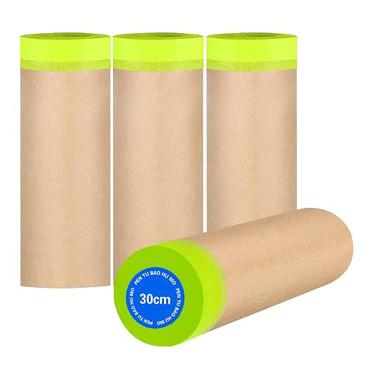 Tape and Drape, 12” x 200 feet Masking Paper for Painting, Pre-Taped Masking Paper with Adhesive, Paint Tape, Car Protection Covering Paper for Car and Furniture, Floor (4 Pack)