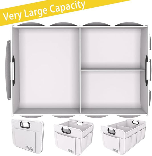 Homeve Car Trunk Organizer for SUV, 18.5Gal Large Capacity No-Sag Heavy Duty, Foldable Waterproof Anti-Slip Storage with 12 Pockets, Fit Sedan, Truck, Universal Car Accessories, White, 2 Compart,Large