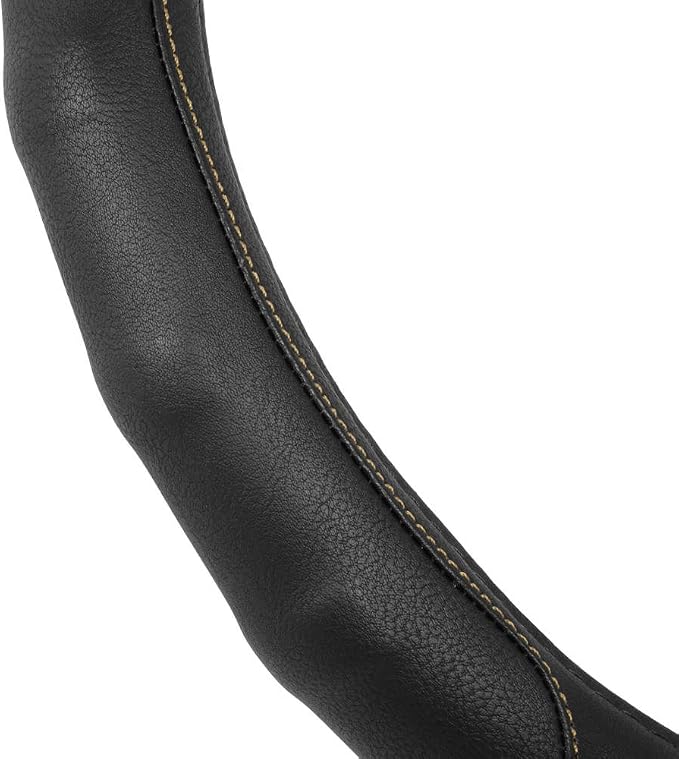 Motor Trend GripDrive Faux Black Leather Steering Wheel Cover for Car Truck Van SUV, Small 14 inch Size, Beige Accent Stitched Car Steering Wheel Cover Vehicle & Auto Accessories