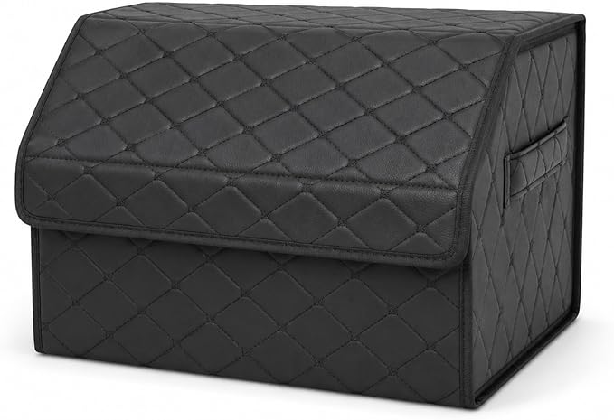 Leather Car Trunk Organizer with Lid,65L Foldable Storage Box for Universal Cars, SUVs, Sedans and MPVs, Removable Divider, Carry Handles, Black