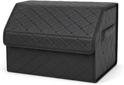 Leather Car Trunk Organizer with Lid,65L Foldable Storage Box for Universal Cars, SUVs, Sedans and MPVs, Removable Divider, Carry Handles, Black