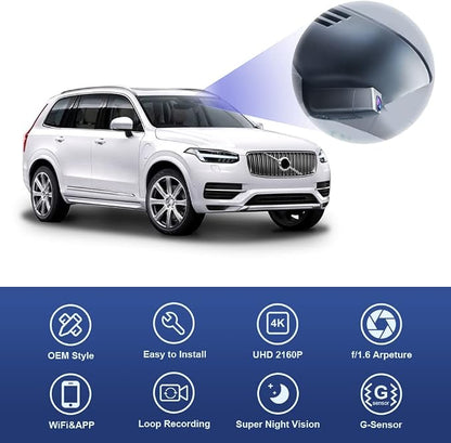 Fitcamx 4K Dash Cam Suitable for Volvo XC90 2016-2022 T5 T6 T8 (Model A), Integrated OEM Style, UHD 2160P Video, Built-in WiF&APP, Loop Recording, G-Sensor, Easy to Install, 64GB Card
