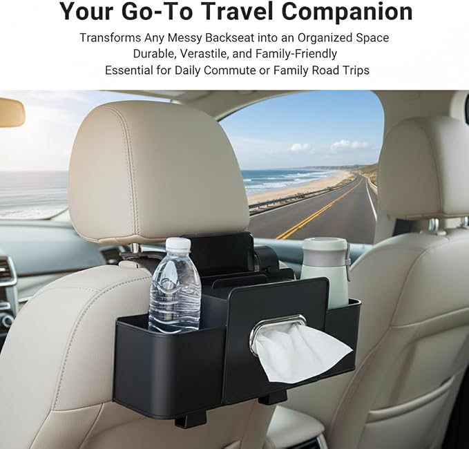Car Backseat Organizer, Multifunctional Car Seat Back Storage Bag with Cup Phone Holder Tissue Box, Durable Automotive Travel Accessories, Universal for SUV, Sedan, Truck(COLOR:Black)