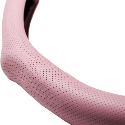 Quick Install Sporty Perforated Pink Nappa Leather Steering Wheel Cover with Black Stripe Universal fit 14½" to 15" Car SUV Pickup Pink for Wife