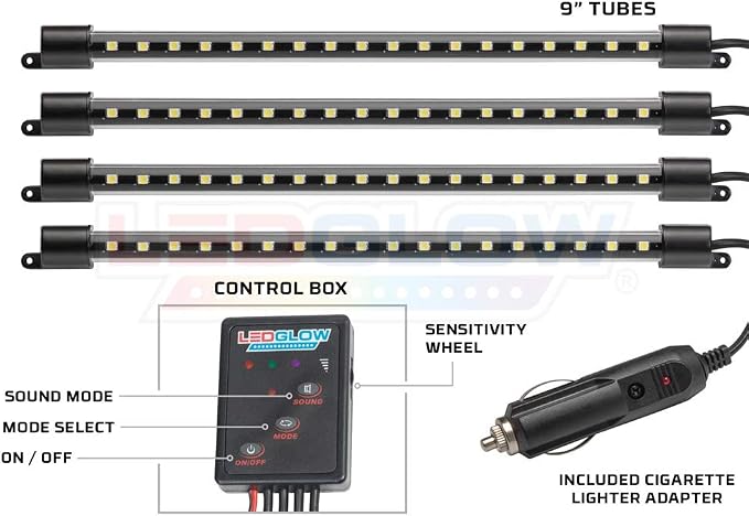 LEDGlow 4pc Purple LED Interior Footwell Underdash Neon Lighting Kit for Cars & Trucks - 7 Unique Patterns - Music Mode - 8 Brightness Levels - Auto Illumination - Includes Cigarette Power Adapter