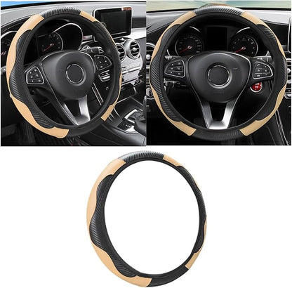 Osilly Car Steering Wheel Cover, 15 inch Carbon Fiber Microfiber PU Leather Elastic Steering Wheel Protector for Men Women, Anti-Slip Breathable Car Interior Accessories for Most Cars (Black/Beige)