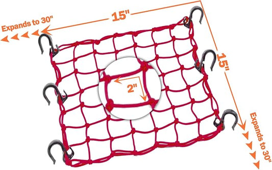 Small Cargo Net 15"x15" Stretches to 30"x30" with Thicken Hooks | Natural Latex Core, Tight 2”x2” Mesh Heavy Duty Bungee Net for Motorcycle Helmet, Bike, ATV, UTV, Luggage (Red, 2 Pack)