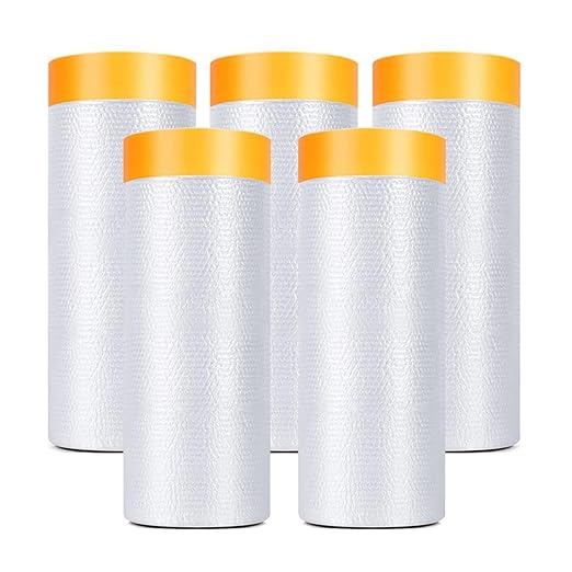Painters Plastic With Tape, Pre-Taped Masking Film, 5 Rolls Automotive Best Tape and Drape, Paint Adhesive Protective Film Roll for Covering Skirting, Frames, Cars and Auto Body (5 X 65-Feet)