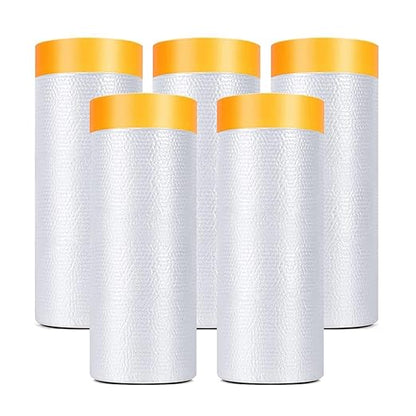 Painters Plastic With Tape, Pre-Taped Masking Film, 5 Rolls Automotive Best Tape and Drape, Paint Adhesive Protective Film Roll for Covering Skirting, Frames, Cars and Auto Body (5 X 65-Feet)