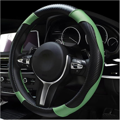 DXNQ Car Steering Wheel Cover, 15 Inch Carbon Fiber Leather Stitching Color Steering Wheel Protector, Anti-Slip Elastic Breathable Steering Wheel Cover Stylish Decor for Most Cars (Green)