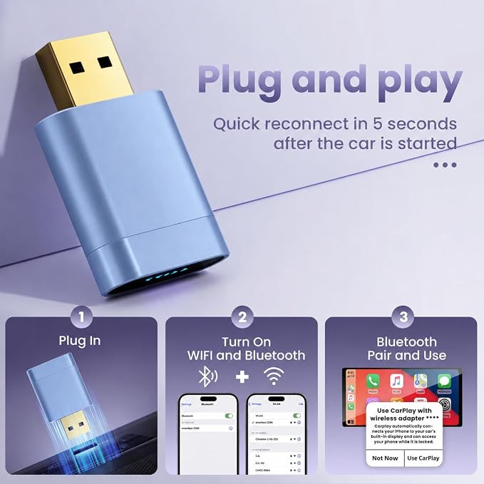 Mini Wireless CarPlay Adapter for Apple & Android Auto, Easy to Use Bluetooth Dongle with Fast Stable Connection, Converts Wired to Wireless Car Play Adapter, for Cars from 2016 with USB-A/C