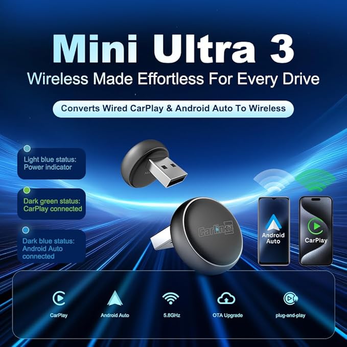 Carlinkit Wireless CarPlay & Android Auto Adapter - Mini Ultra 3 Convert OEM Wired to Wireless Dongle for iPhone & Android 11+, USB-A/Type-C Plug & Play, Fast Connection, Online Upgrade