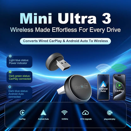 Carlinkit Wireless CarPlay & Android Auto Adapter - Mini Ultra 3 Convert OEM Wired to Wireless Dongle for iPhone & Android 11+, USB-A/Type-C Plug & Play, Fast Connection, Online Upgrade