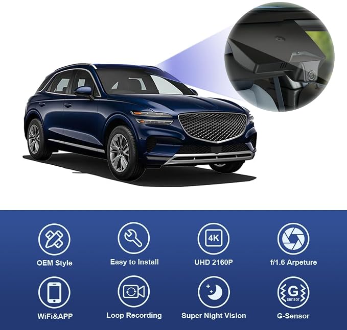 Fitcamx 4K Dash Cam Suitable for Genesis GV70 2022-2026 2.5T 3.5T Sport Advanced Prestige Select (HD2-AR100), OEM Look, UHD 2160P Video, WiFi & APP, Loop Recording, G-Sensor, Plug & Play, 64GB Card