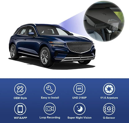 Fitcamx 4K Dash Cam Suitable for Genesis GV70 2022-2026 2.5T 3.5T Sport Advanced Prestige Select (HD2-AR100), OEM Look, UHD 2160P Video, WiFi & APP, Loop Recording, G-Sensor, Plug & Play, 64GB Card