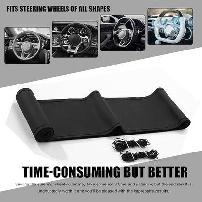 Wevdn Genuine Leather Steering Wheel Cover, Stitch on Wrap, DIY Sewing Steering Wheel Protector, 15 Inch Breathable Non-Slip Steering Wheel Protector, Car Accessories (Black, Glossy)