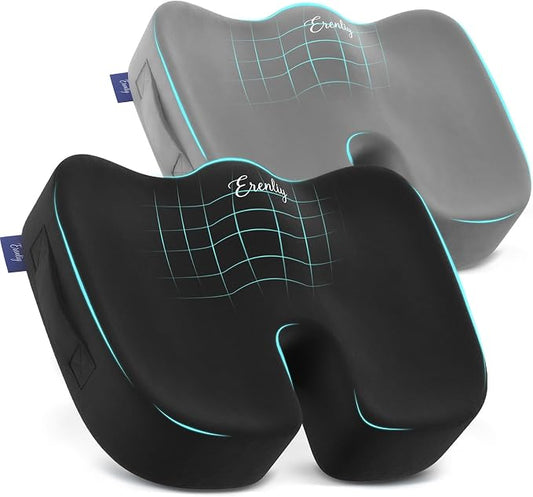 2 Pack Seat Cushion for Office Chairs - Memory Foam Cushions Non-Slip for Car Airplane Travel Driving - Butt Pillow Support for Sciatica and Tailbone Pain Relief, Long Time Sitting