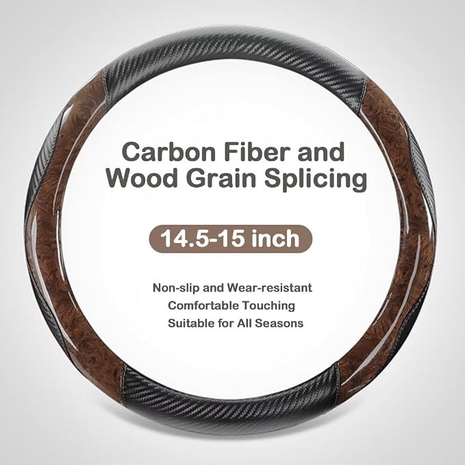 Wood Grain Steering Wheel Cover Carbon Car Steering Wheel Covers 14 1/2-15 inch with Coasters Microfiber Leather Splicing Breathable Anti-Slip Durable Universal Steering Wheel Protective