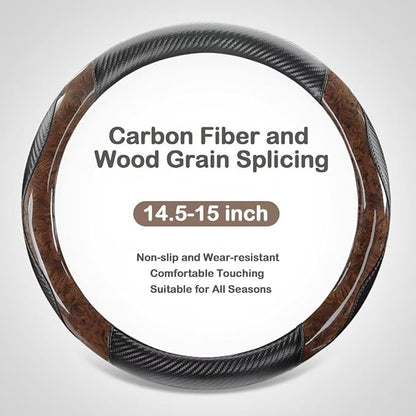 Wood Grain Steering Wheel Cover Carbon Car Steering Wheel Covers 14 1/2-15 inch with Coasters Microfiber Leather Splicing Breathable Anti-Slip Durable Universal Steering Wheel Protective