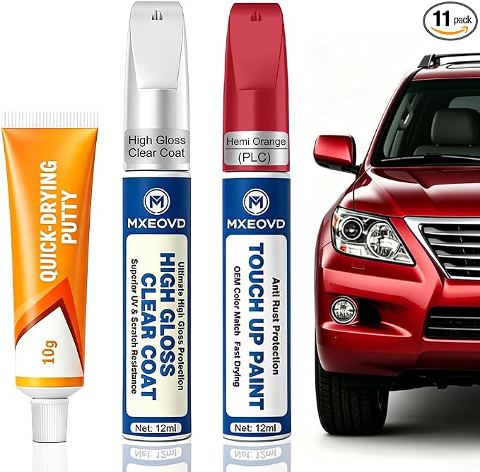 Hemi Orange PLC Touch Up Paint Compatible with Jeep, All in One Car Scratch Repair Kit with Primer Putty & Clear Coat, Complete Sanding Tools Set for Scratches Chips Nicks