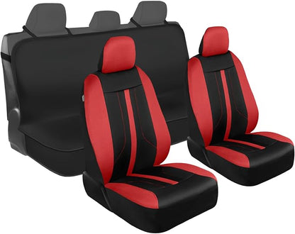 Motor Trend Front & Rear Car Seat Covers Full Set - Red Cloth Bucket Seat Covers for Front Seats + Waterproof Rear Split Bench Cover – Universal Fit for Car Truck SUV Van Interior Protection
