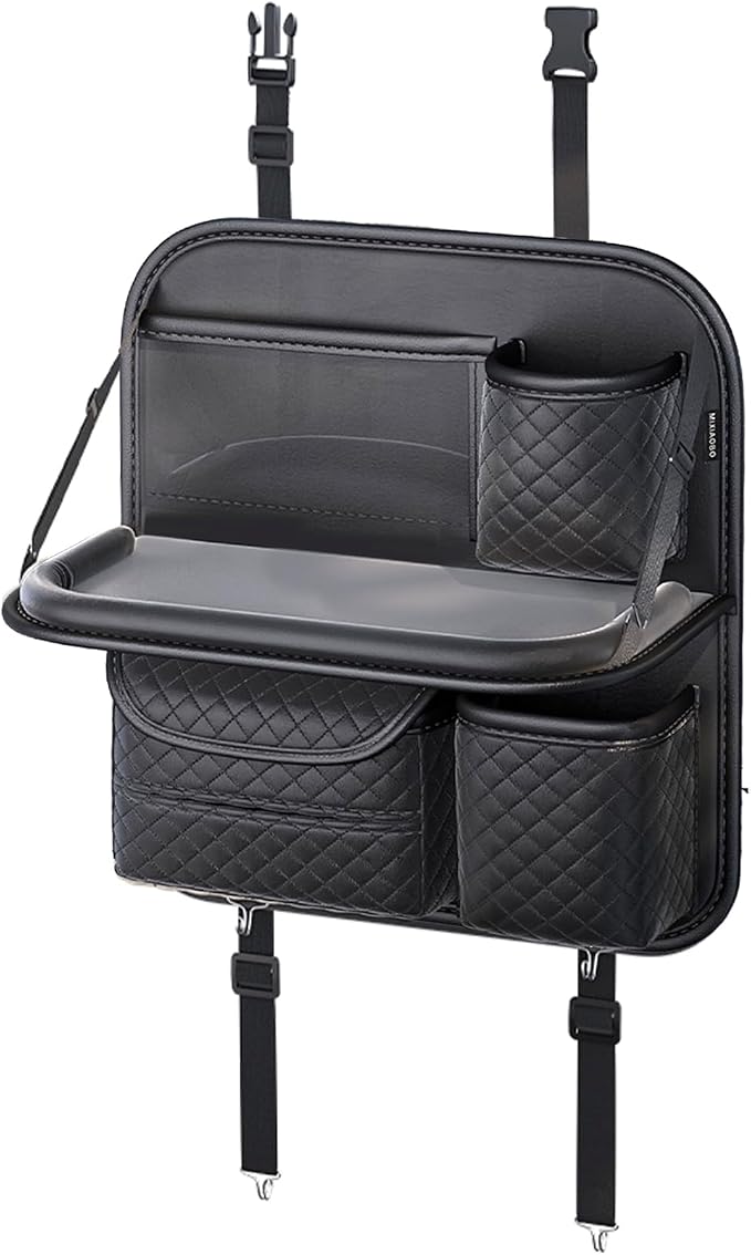 PU Leather Backseat Car Organizer with Foldable Tray & Tablet Holder, Luxury Diamond Stitching Design, Universal Car Seat Storage Organizer for Kids & Family Travel Accessories, Black