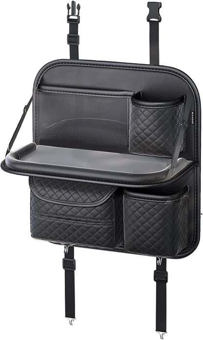 PU Leather Backseat Car Organizer with Foldable Tray & Tablet Holder, Luxury Diamond Stitching Design, Universal Car Seat Storage Organizer for Kids & Family Travel Accessories, Black