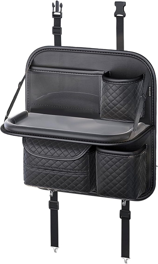 PU Leather Backseat Car Organizer with Foldable Tray & Tablet Holder, Luxury Diamond Stitching Design, Universal Car Seat Storage Organizer for Kids & Family Travel Accessories, Black