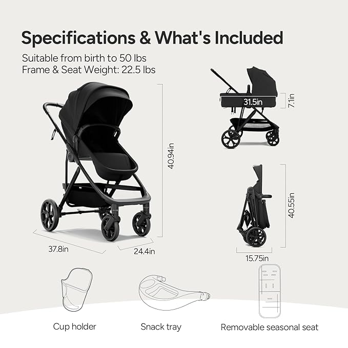 Mompush Wiz Pro 2-in-1 Baby Stroller, Full-Size All-Terrain Premium Stroller with Newborn Mode and Reversible Seat, Snack Tray Included, Large UPF 50+ Canopy & Storage Basket